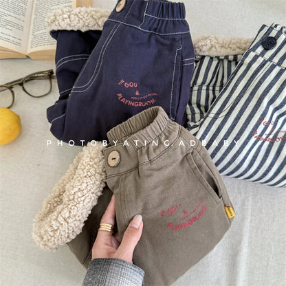 New Children Fleece Casual Pants Letter Print Boys/Girls Plus Velvet Thick Striped Warm Trousers