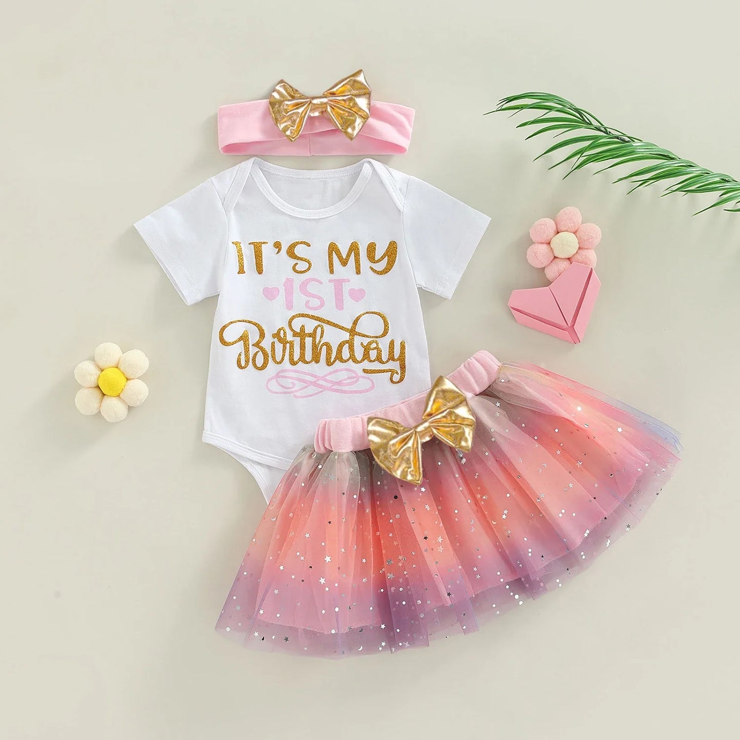 3Pcs Baby Birthday Bodysuits Cotton Short Sleeved Birthday Gifts Party Clothes