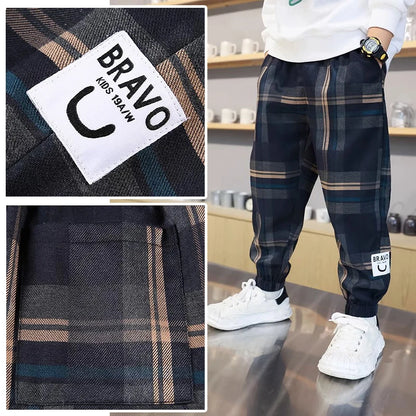 Boys Cotton Plaid Pants Spring Autumn Toddler Casual Kids Loose Trousers