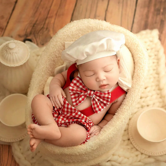 Newborn Plaid Outfit with Chef Hat Bow Tie Red Photo Shooting Clothes Infant Photo Props Boy Girl