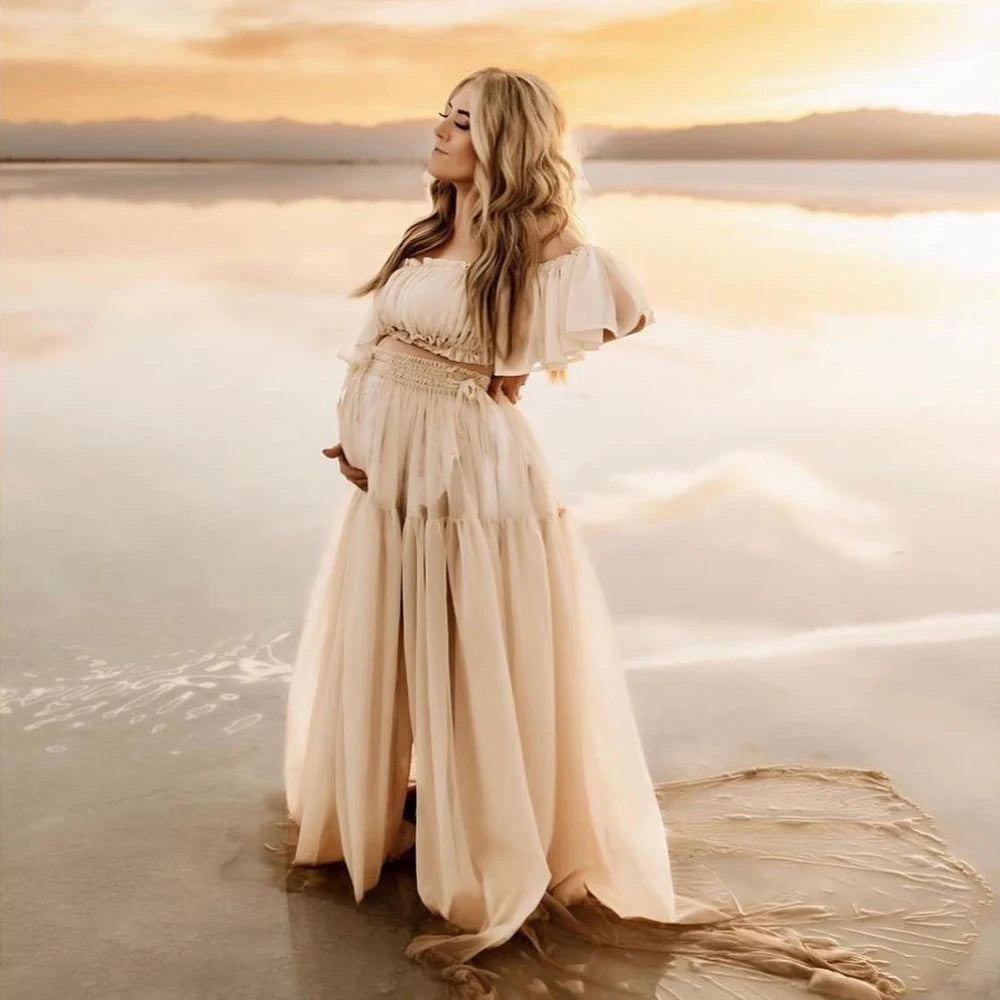 Photoshoot Pregnancy Off Shoulder Ruffled Semi Transparent Chiffon Long Dress