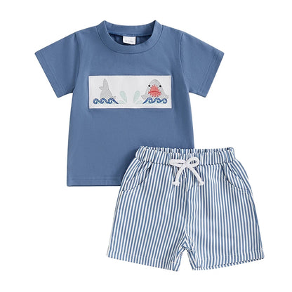 Baby Toddler Boy Shorts Set Coconut Tree/Duck Sleeve Striped Elastic  2Pcs Summer