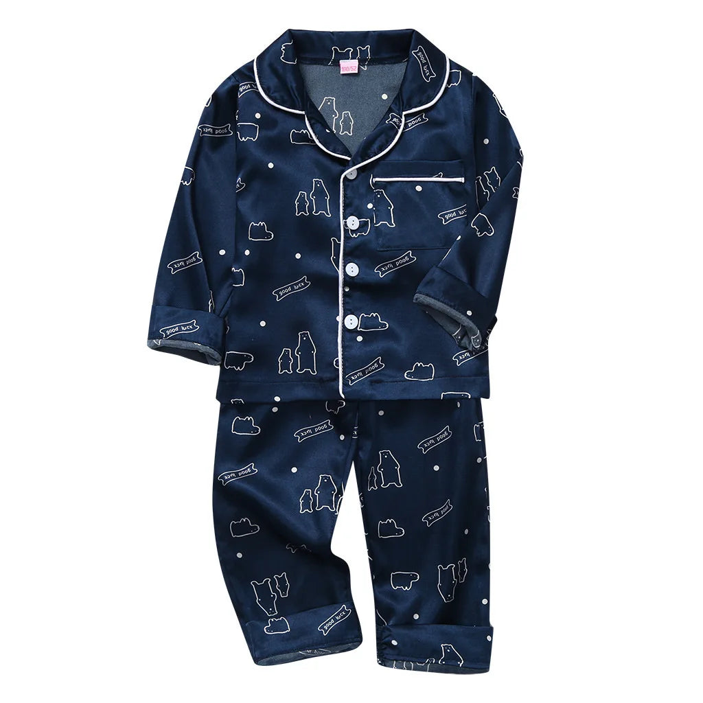 Children Silk Satin Pajamas Set Baby Boys Girls Cartoon Dinosaur Tops Trousers