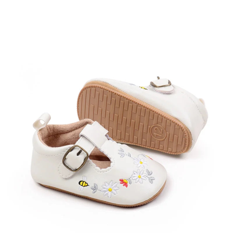 Baby Girl Mary Jane Flats Flower Embroidery Non-Slip Walking Shoes