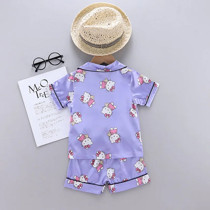 Summer Baby Boys Girls Cartoon Hello Kitty Lapel Comfortable Home Sleepwear