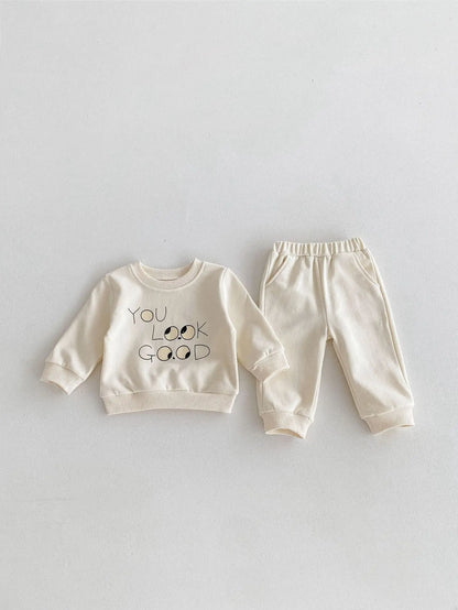 Boy Girl Cartoon Pullover Shirt Set Baby Letter Print Tops + Pants 2ps