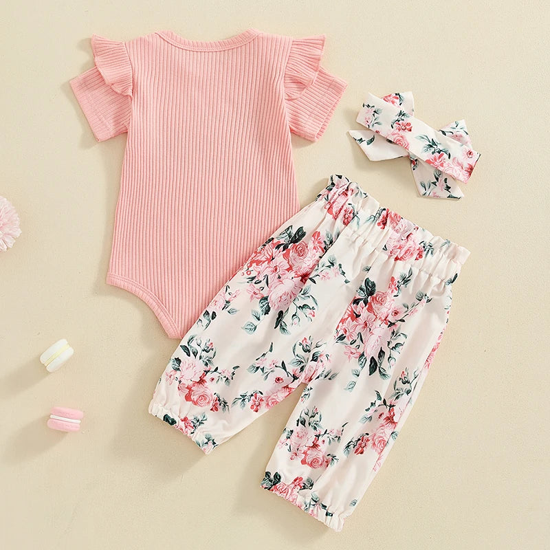 Baby Girls Letter Print Short Sleeves Romper and Floral Pants Headband 3 Piece Set