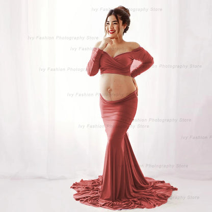Maternity Photography Props Stretch Cotton Two Piece Floor Long Skirt