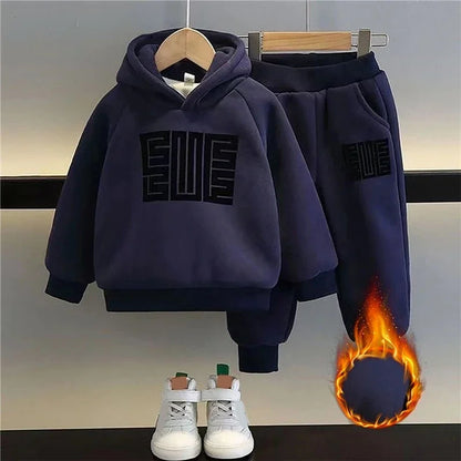 Children  Boys Girls  Winter Plus Velvet Warm Pullover Tops+Pants 2pcs