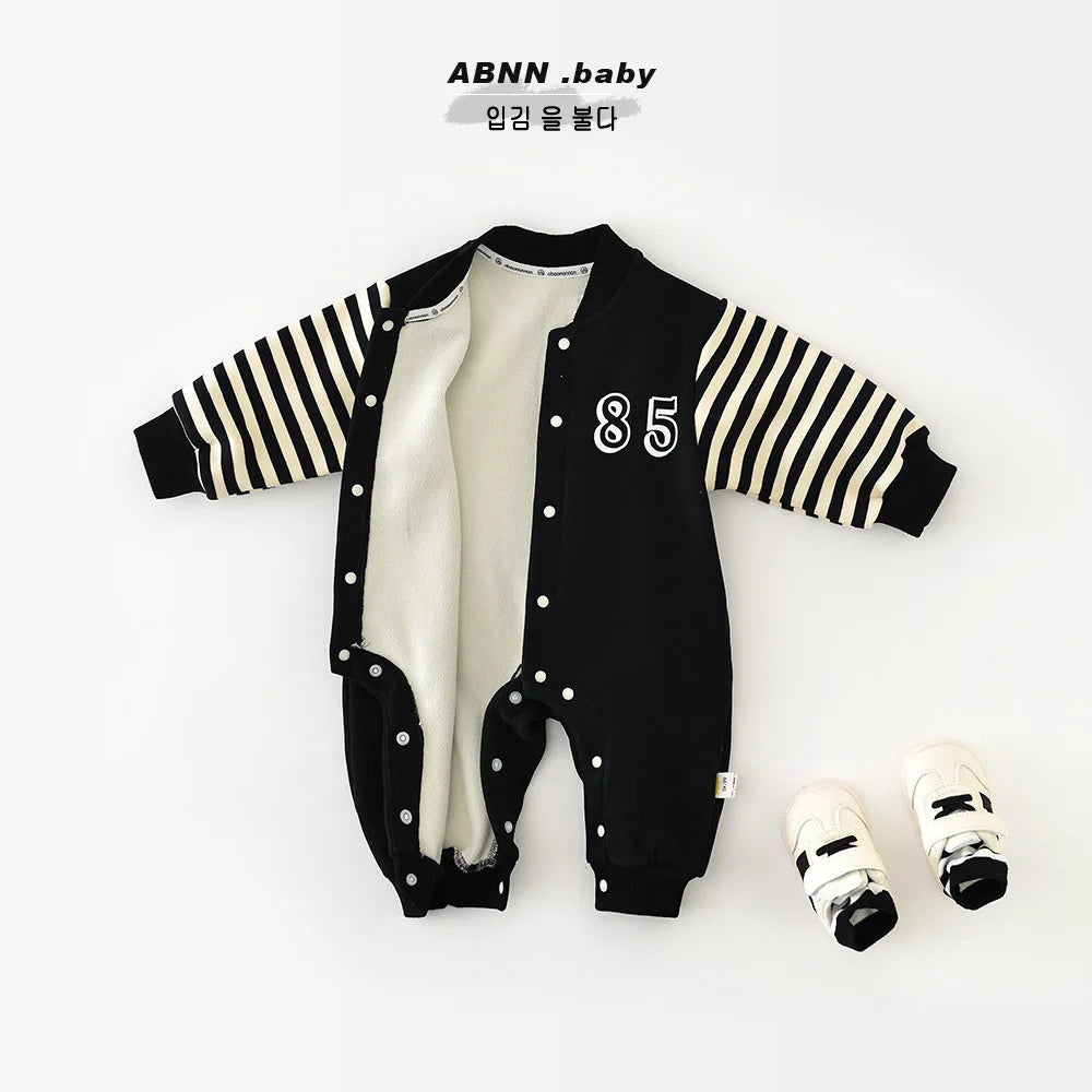 Boy Girl Newborn Letter Print Jumpsuit Plus Velvet Thick Infant Toddler Warm Clothes