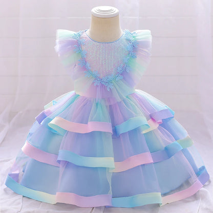 Girls Flower Dress Rainbow Mermaid Birthday Princess Party Wedding