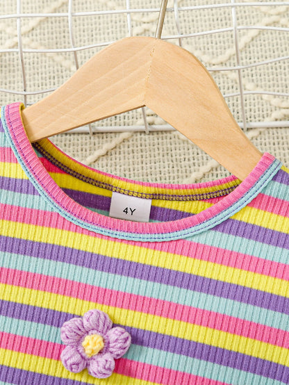 Girls Sweater Round Neck Long Sleeved Knitted Sticker Colorful Stripe Pattern Top