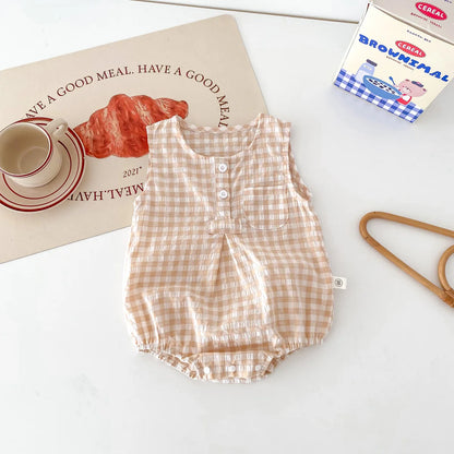 Baby Girls Boys Cute Clothing Infant Toddler Plaid Sleeveless Cotton Jumpsuits