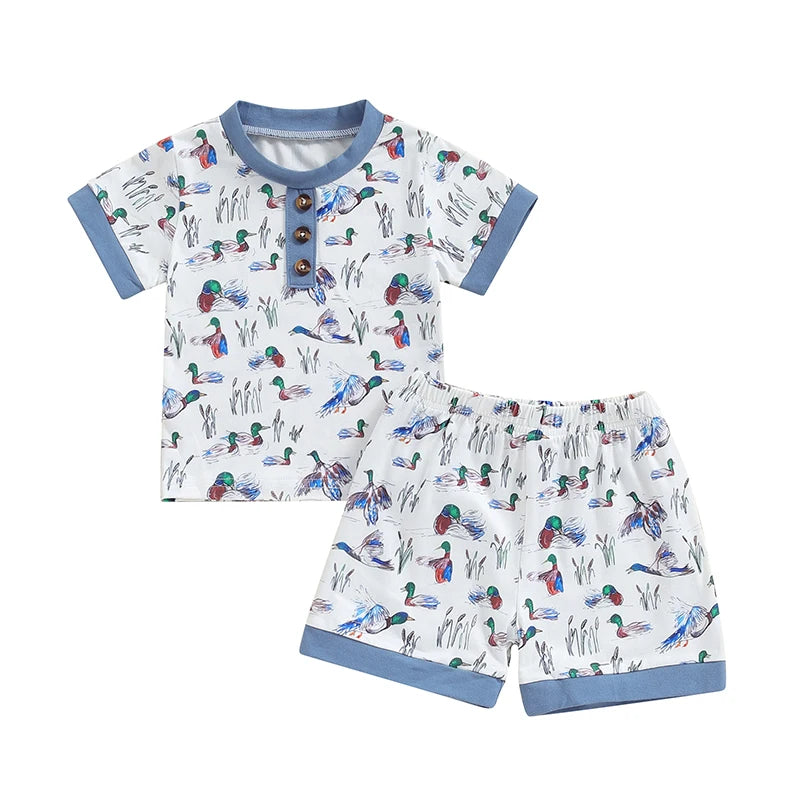 Boys Shorts Set, Duck Print Short Sleeve T-shirt with Elastic Waist Shorts