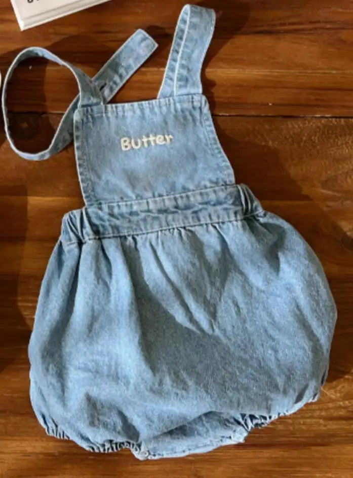 Newborn Sleeveless Embroidery Letter Denim Bodysuit Boy Girl Clothes