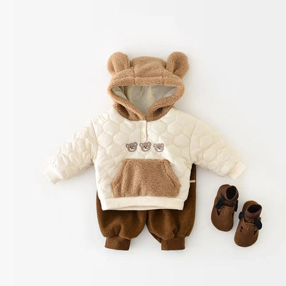 Baby Boy Girl Cute Bear Hooded Sweatshirt Plus Velvet Thick Infant Versatile Tops