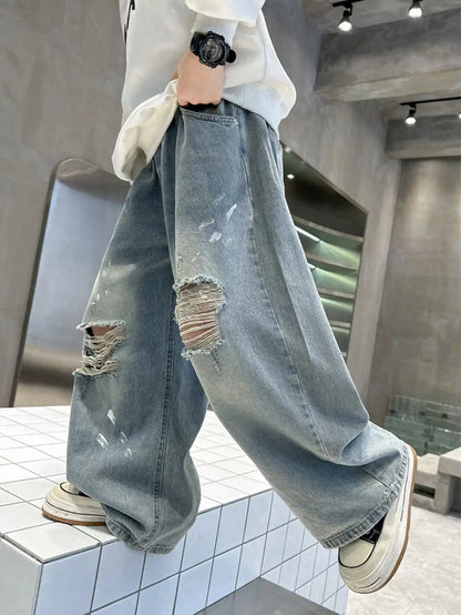 loose and distressed denim wide leg pants for young children in autumn