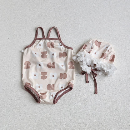 Baby Girls Swimsuit Split Swimwear Infant Floral Sling One-Piece Swimsuit with Hat