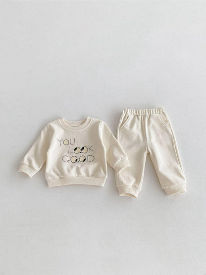 Boy Girl Cartoon Pullover Shirt Set Baby Letter Print Tops + Pants 2ps