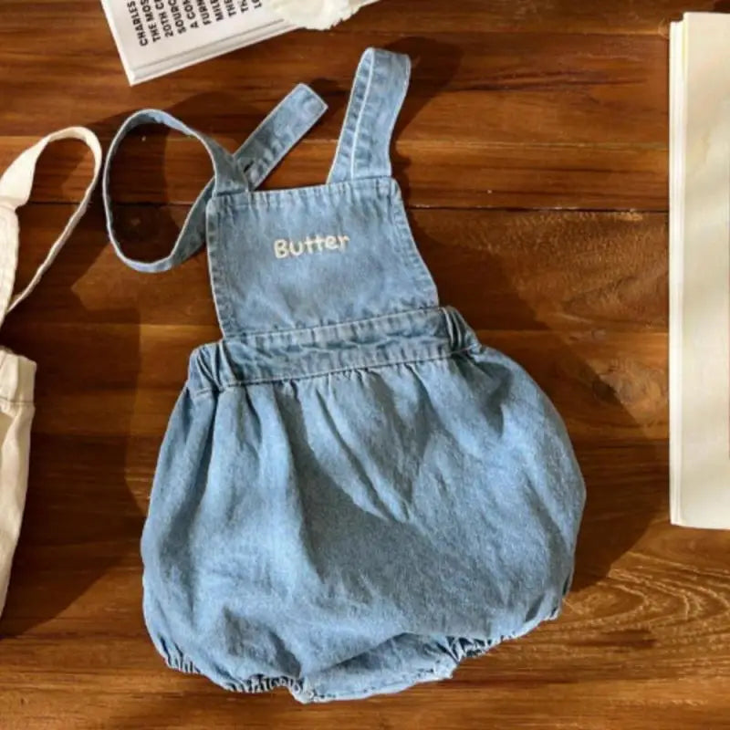 Newborn Sleeveless Embroidery Letter Denim Bodysuit Boy Girl Clothes