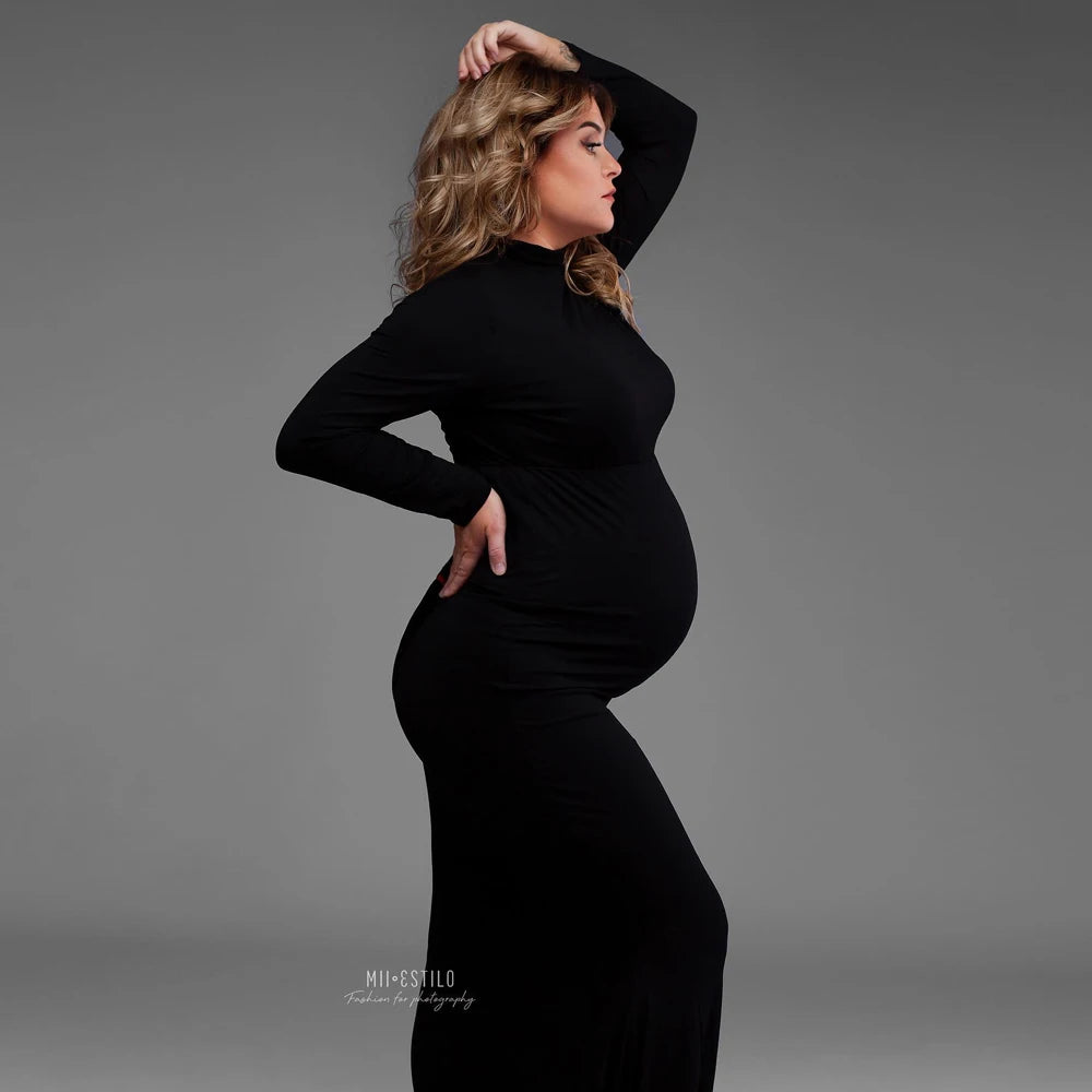 Maternity Photography Gown Sexy Fashionable Black Stretch Cotton Floor Length Dress