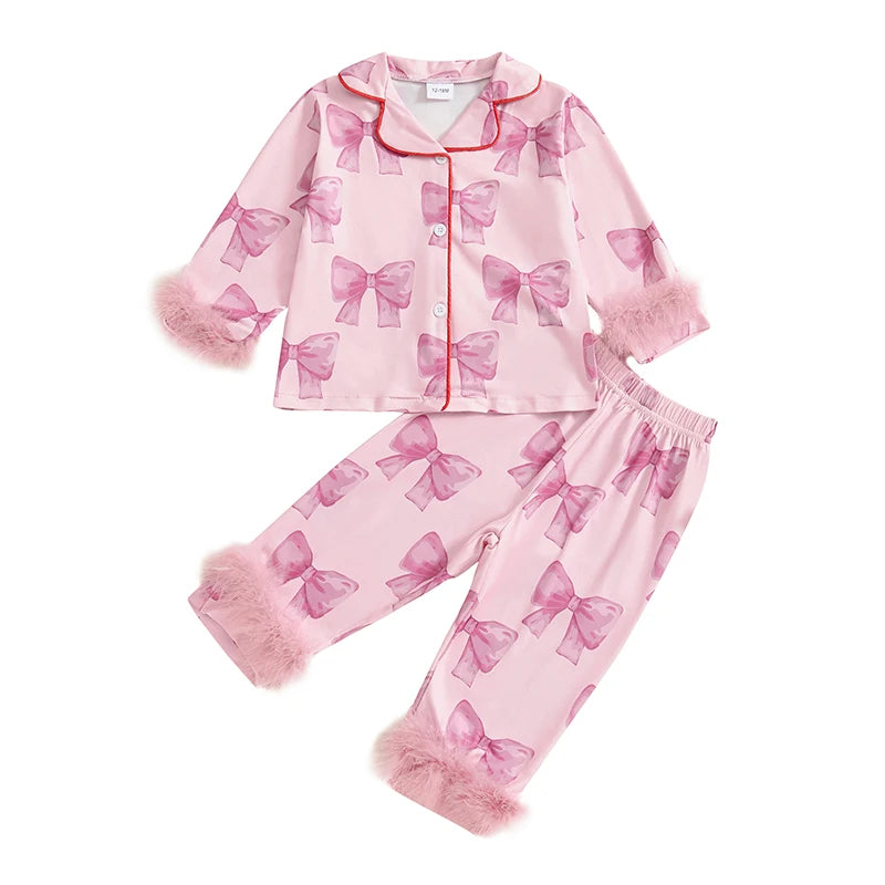 Girls Bow Pajama Sets Button-up Tops Elastic Waist Pants Plush Trim Loungewear Set