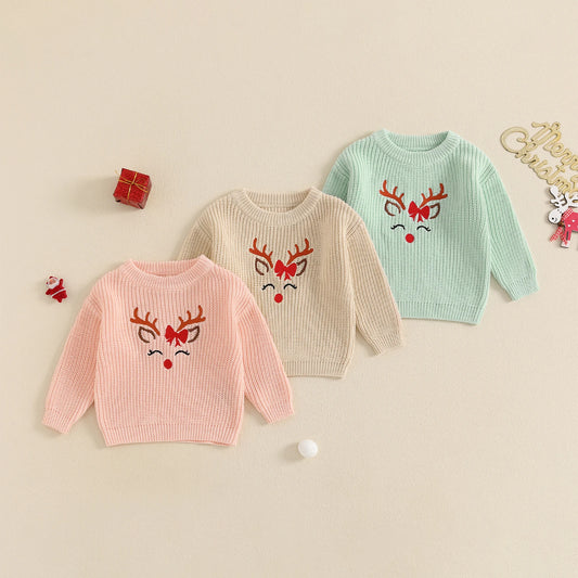 Girl Christmas Sweater Reindeer Embroidery Pattern Chunky Knitwear Newborn Xmas Tops