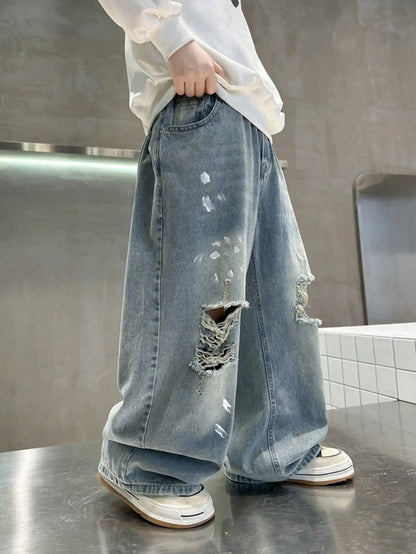 loose and distressed denim wide leg pants for young children in autumn