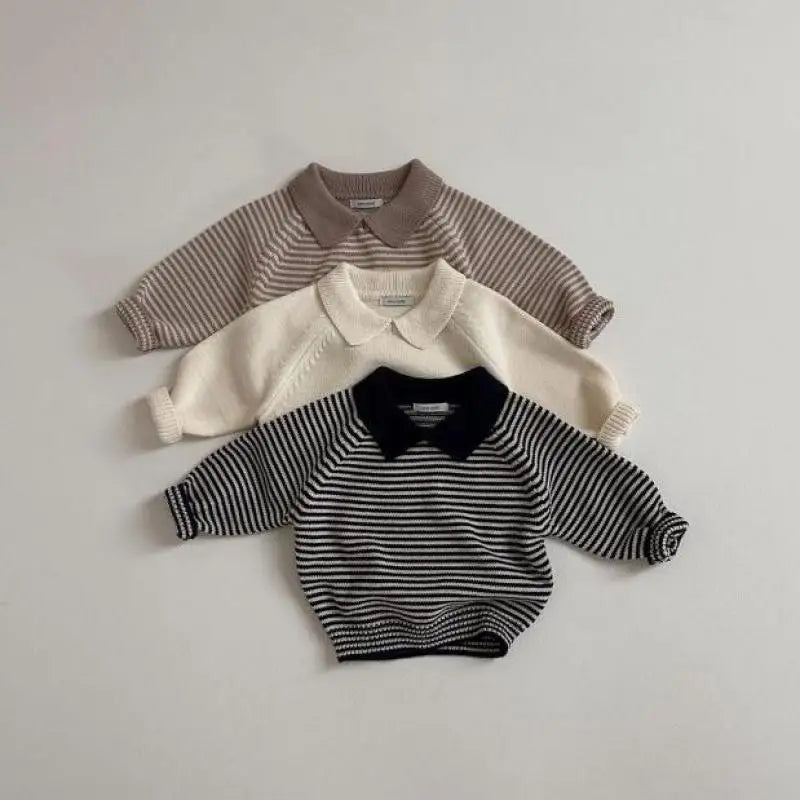 Children Long Sleeve Knit Sweater Kids Boys Girls Vintage Striped Lapel Sweater