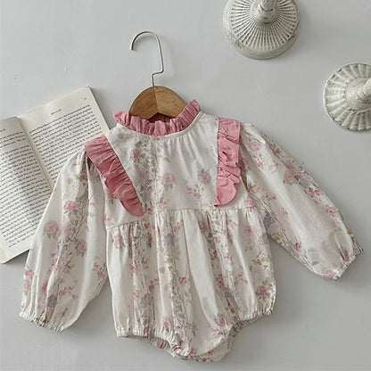 Infant Baby Girls Jumpsuit Long Sleeved Cotton Mesh Splicing Toddler Romper