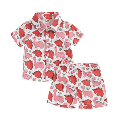 Toddler Boys Summer 2PCS Shorts Outfits Dinosaur Print Button Up Shirt Tops and Shorts