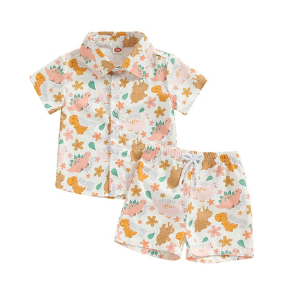 Toddler Boys Summer 2PCS Shorts Outfits Dinosaur Print Button Up Shirt Tops and Shorts