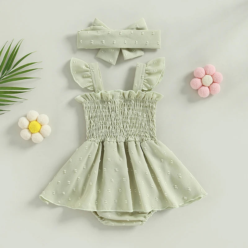 Baby Girls Romper Solid Color Flying Sleeve Ruched Button Playsuit with Headband