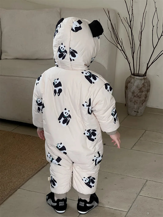 Baby Fleece Hooded Romper Newborn Cute Panda Print Jumpsuit