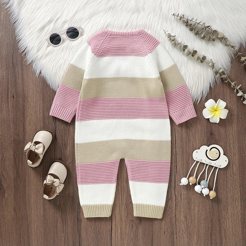 Baby Girl Boy Sweater Romper Striped Crew Neck Long Sleeve Jumpsuit