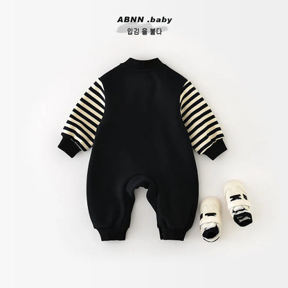 Boy Girl Newborn Letter Print Jumpsuit Plus Velvet Thick Infant Toddler Warm Clothes