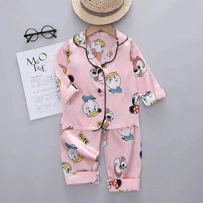 Children Spring Lapel Neck Long Sleeve Sanrio Hello Kitty Print Top+Trousers