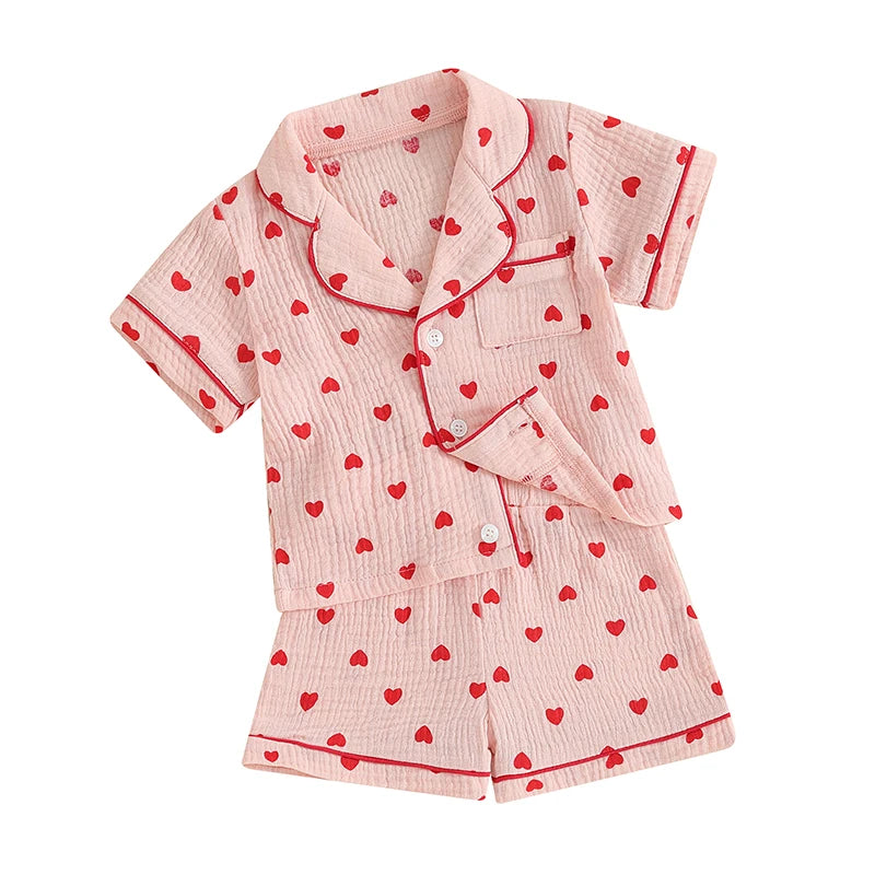 Toddler Baby Girl Pajama Set Button Down Short Sleeve Tops + Elastic Waist Heart Print