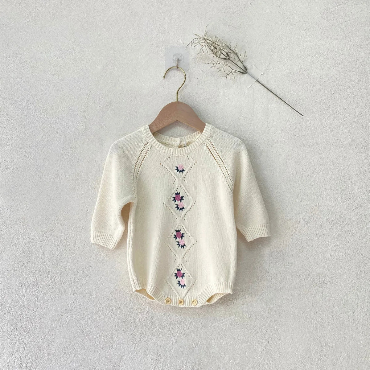 Baby Long Sleeve Knitted Bodysuit Infant Girl Flower Embroidery Sweater Jumpsuit