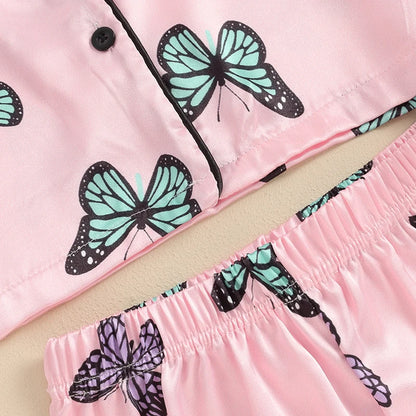 Girls Summer Pajama Sets Short Sleeve Lapel Shirt Butterfly Print Pants