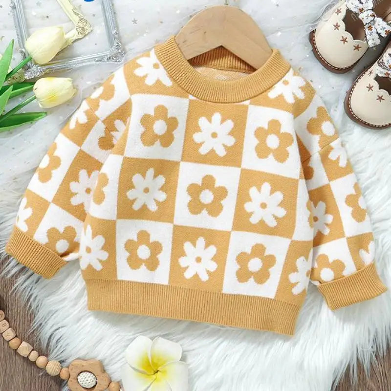 Boy Girl Knitted Flower Long Sleeve Sweater Baby Plaid Pullover Shirt Kids Warm Tops