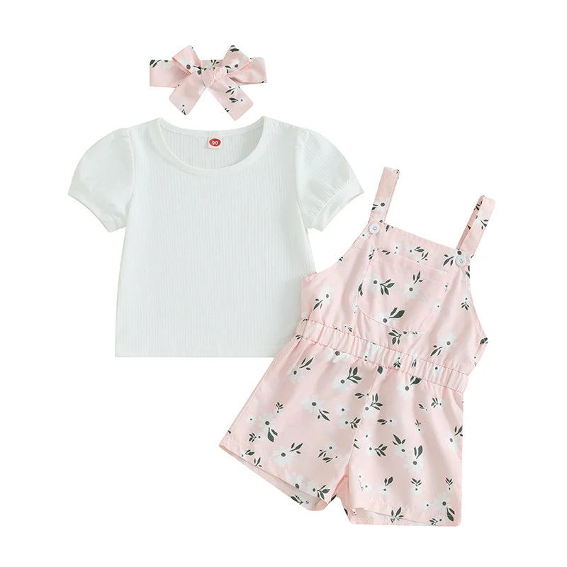 Baby Girls 3 Piece Outfits Ribbed Short Sleeve T-Shirt and Floral Overalls Headband Set