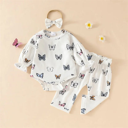 Baby Girl Butterfly Print Lace Trim Romper Elastic Waist Pants Bow Headband 3Pcs Set