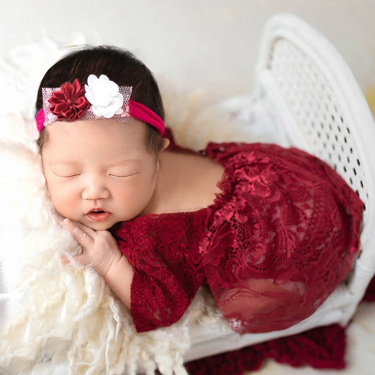 Newborn Lace Romper with Floral Headband Baby Girl Photo Shooting Outfits Newborn Christmas