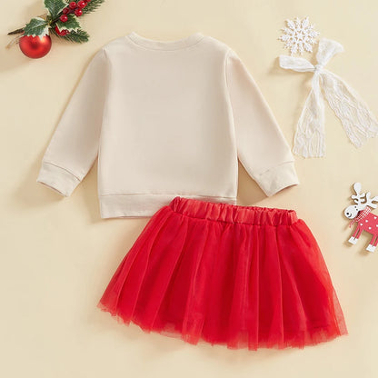 Toddler Girls Christmas Bow Pattern Sweatshirt Tops and Tulle Skirt