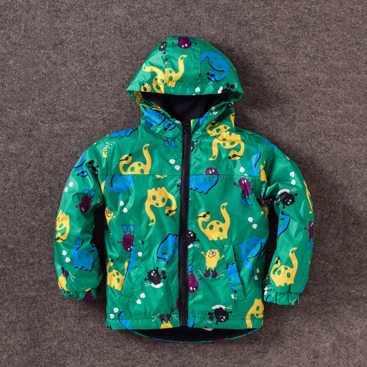 Boy's Cute Dinosaur Windproof And Rainproof Jacket Children's Hooded Jacket