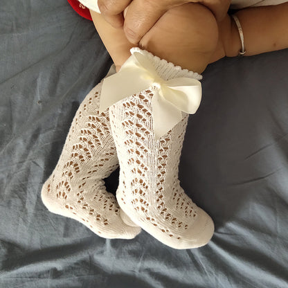 Children's Solid Color Mesh Bow Mid Length Socks With Removable Loops