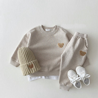 Korean Style Ins Newborn Infant Children's Cotton Bear Round Neck Sweater Sports Suit Baby Leisure Cartoon Two Piece Set