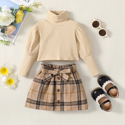 Girls' Autumn And Winter Solid Color Long-sleeved Top Plaid Skirt Two-piece Suit