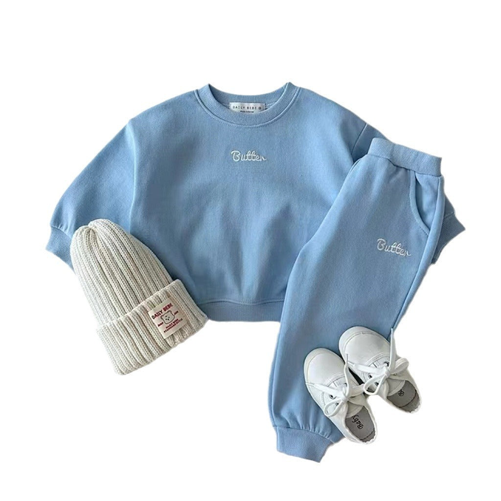 Color Sweater Suit Sweater Sweatpants Solid Color English Letters Unisex Baby Suit